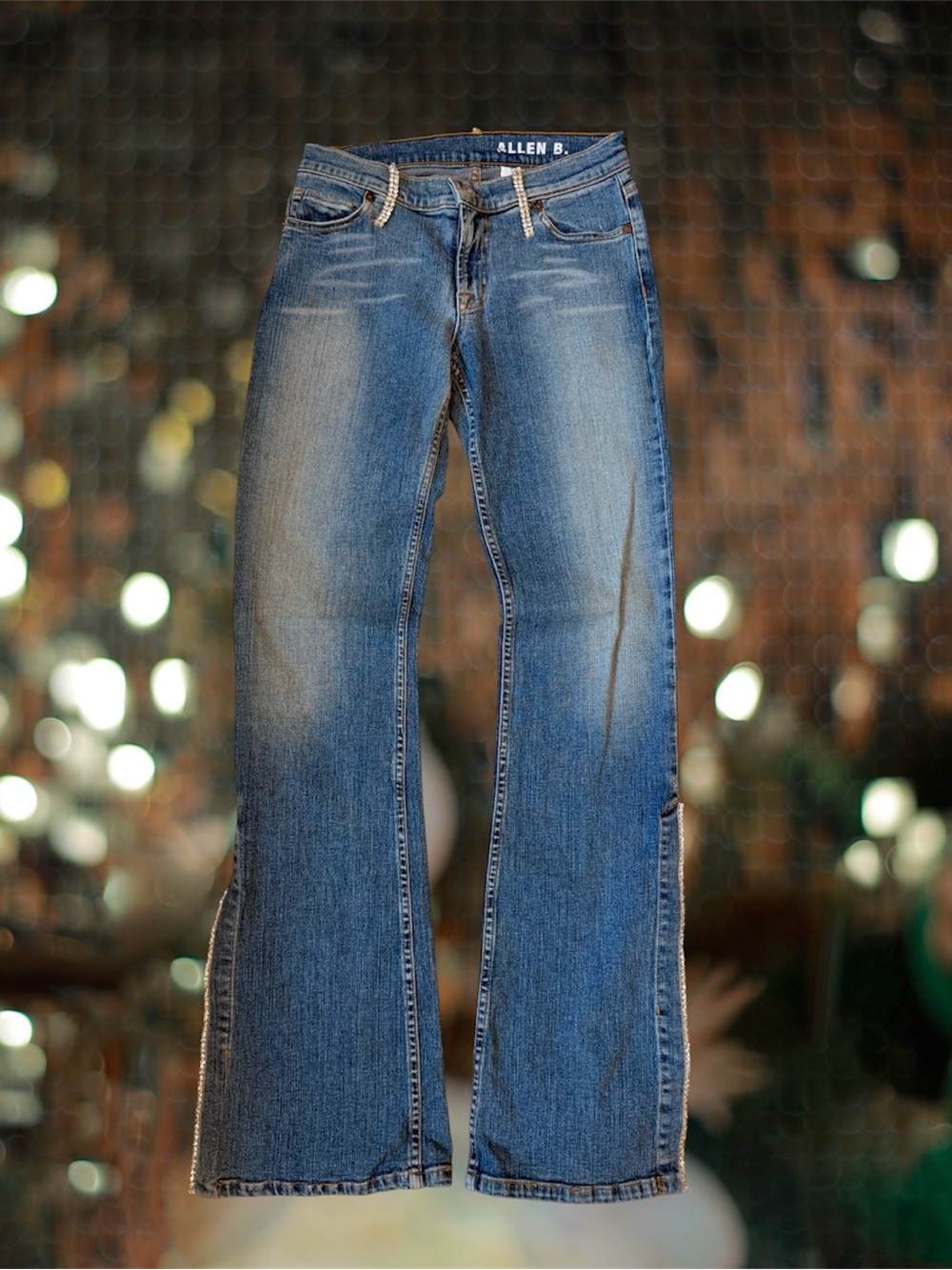 ALLEN B. SCHWARTZ JEANS W/ RHINESTONE BELT LOOPS AND SPLIT HEM, 3-Pocket, Sz 29
